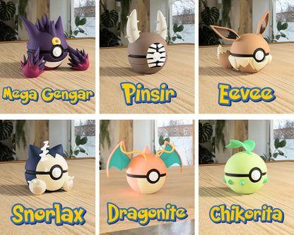 Collage de pokebolas inspiradas en personajes de Pokémon, de la marca Kokoroto, con diferentes diseños y colores.