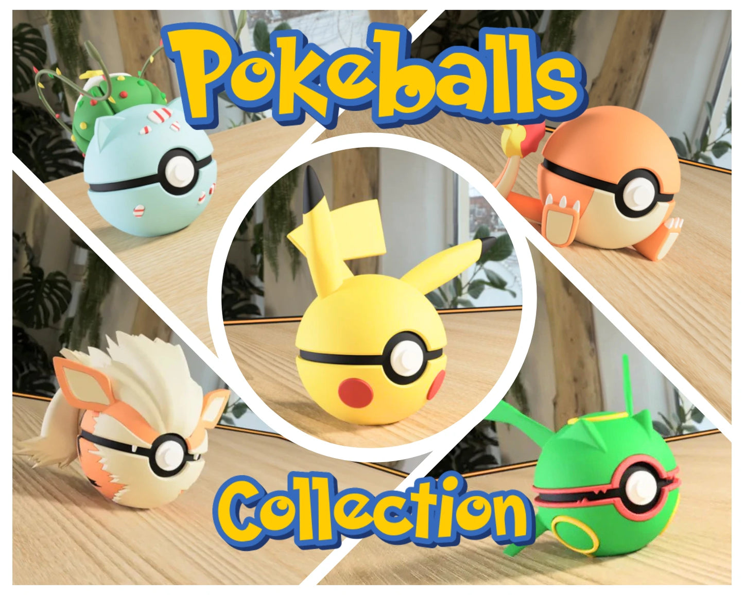 Collage de Pokébolas inspiradas en personajes de Pokémon de la marca Kokoroto, en diferentes colores y diseños.
