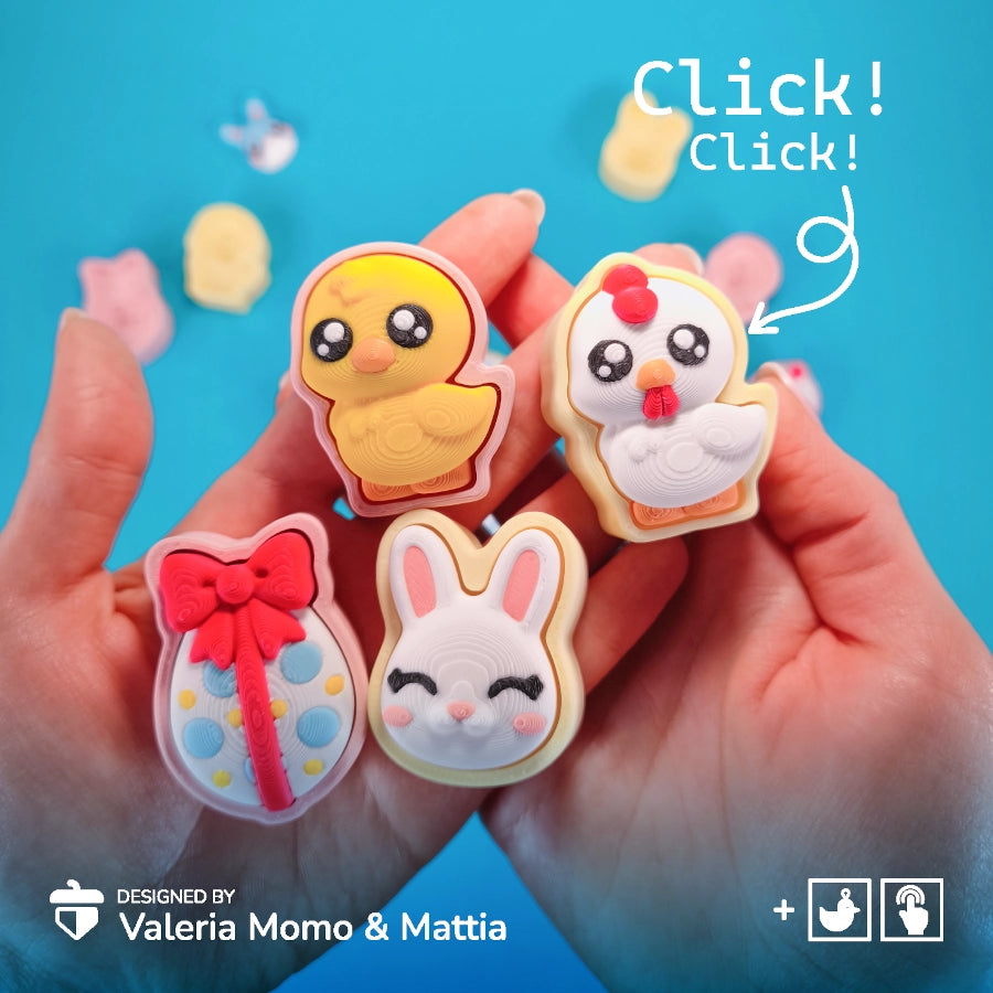 Clickers para celebrar la Pascua de la marca Kokoroto, pequeños dispositivos en colores brillantes para eventos festivos.