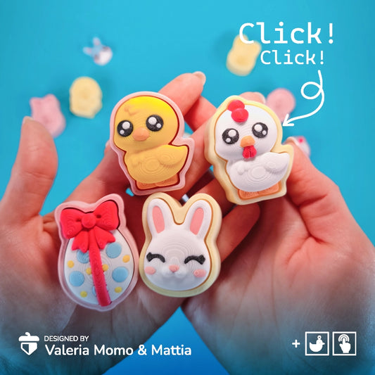Clickers para celebrar la Pascua de la marca Kokoroto, pequeños dispositivos en colores brillantes para eventos festivos.