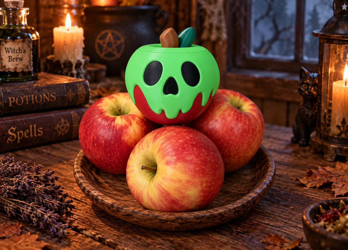 Schneewittchens vergifteter Apfel Süßigkeitenschale auf einer Schale mit echten Äpfeln, in einer Halloween-Szene mit Kerzen und Zaubertränken - Kokoroto
