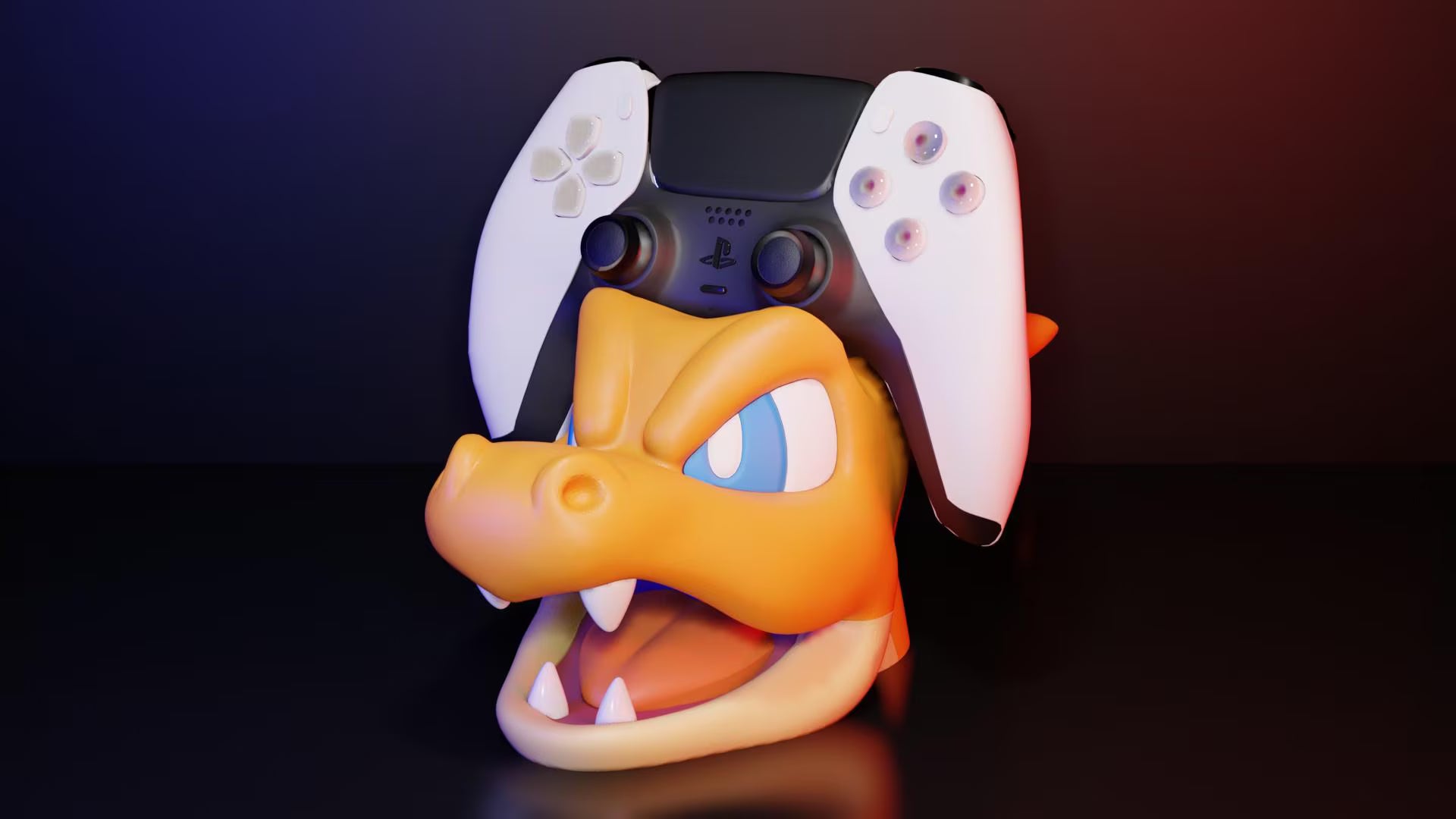 Soporte universal para mandos Kokoroto con figura de Mega Charizard de Pokémon, ideal para exhibir controles de videojuegos.