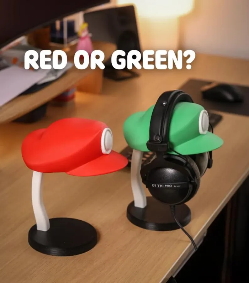 Soporte para auriculares personalizable de Kokoroto con diseño de cabeza de fontanero para mantener ordenados los audífonos.