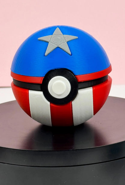 Captainball Pokéball inspiriert von Captain America, 3D-gedruckt, Frontalansicht des Designs - Kokoroto