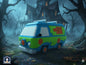 Recipiente para caramelos con forma de la Mystery Machine de Scooby-Doo, vista frontal con una casa encantada de fondo - Kokoroto