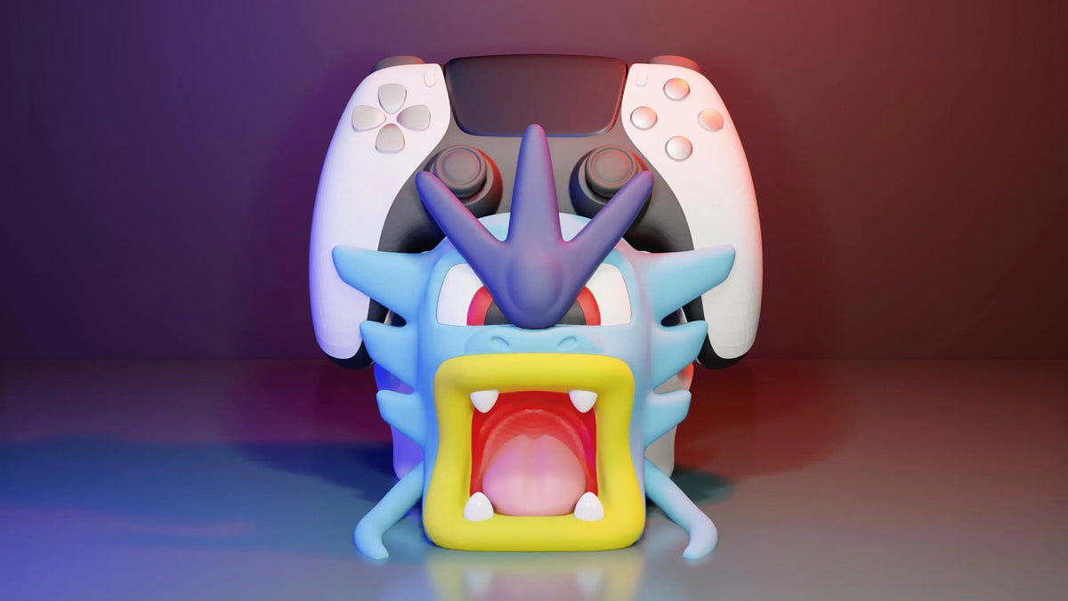Soporte para mando de videoconsola Gyarados impreso en 3D, vista frontal del diseño - Kokoroto